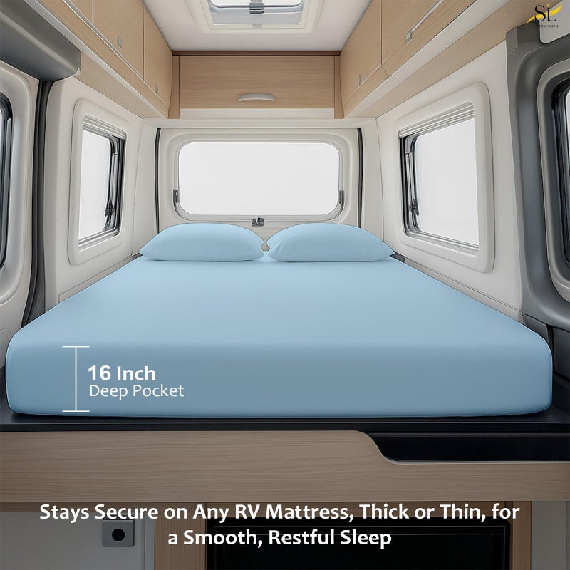 Shreem Linen Luxury 4 Piece Microfiber RV Sheet Set, Deep Pocket Fits Up to 10 inch, Soft, Wrinkle-Resistant, Camper, Travel Trailer Bedding, 3/4 Full Bunk 48x75, Light Blue - Image 5